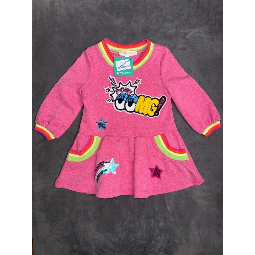 Baby Sara Pink Sequin OMG Pop Art Rainbow Stripe Long‎ Sleeve Dress 12M NWT